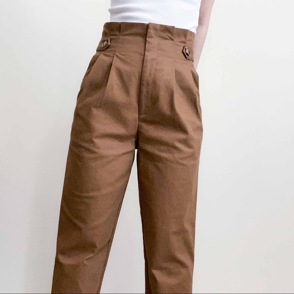 NWT hi rise paper bag pants w button in camel - Picture 7 of 13
